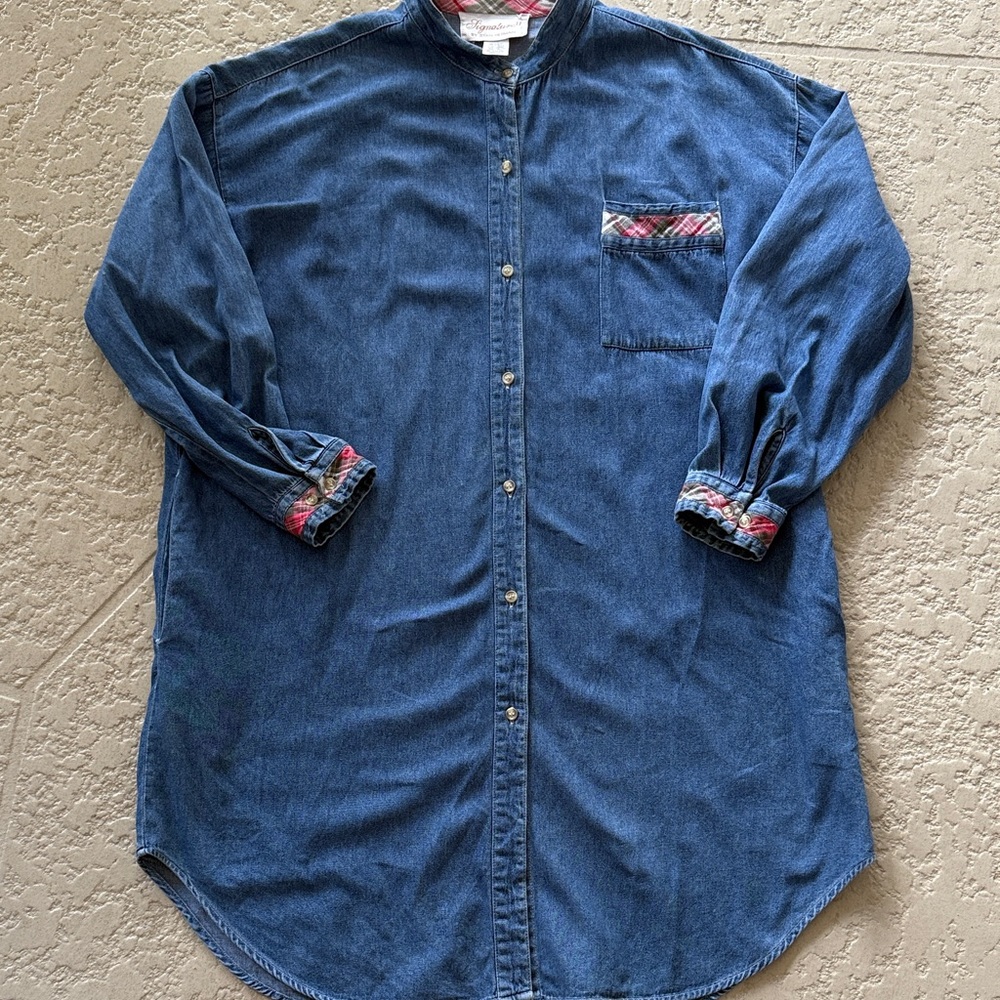 VTG Women's Long Sleeve Authentic Denim Dress (jacket) with Plaid Accents